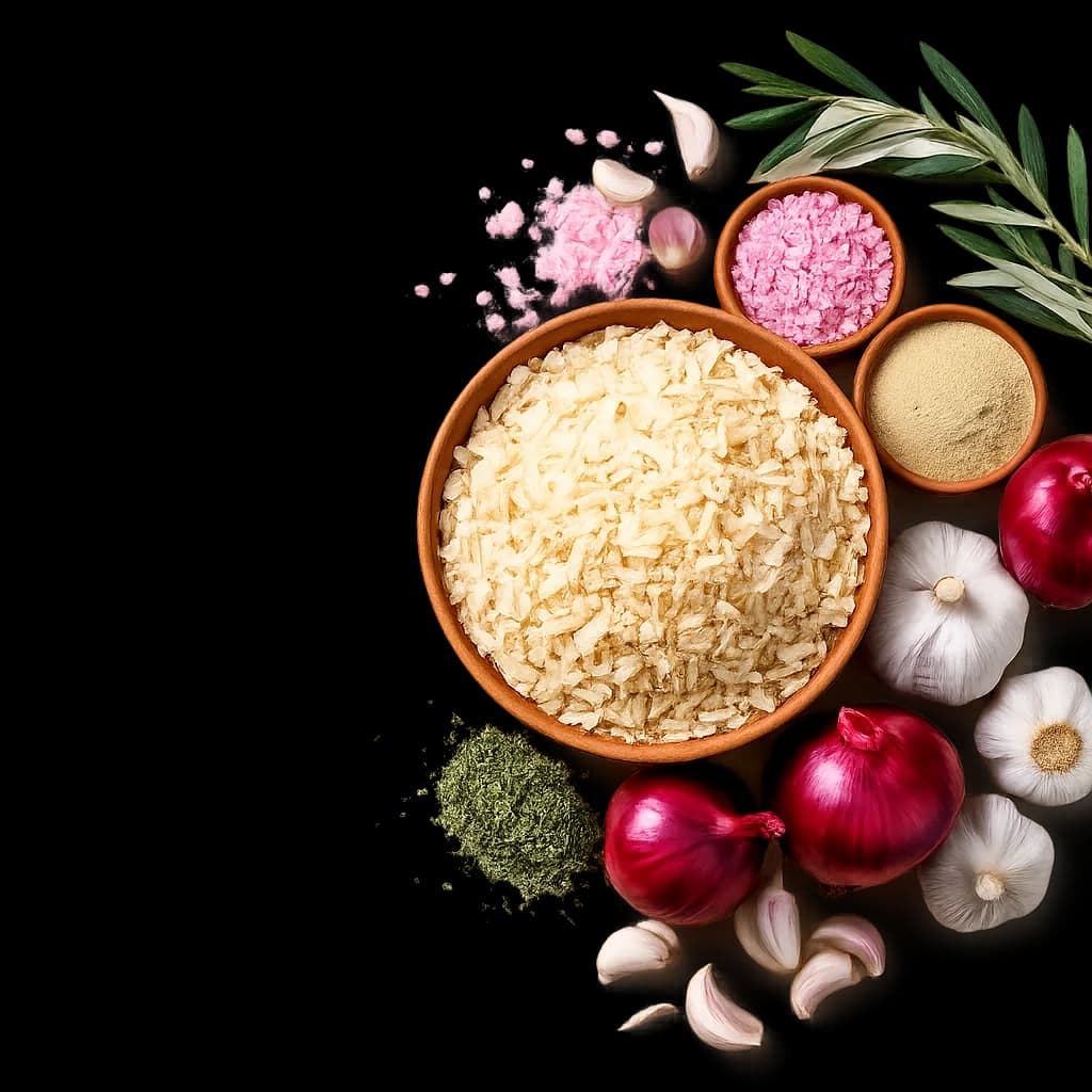 Premium dehydrated onion and garlic products in wooden bowls in side angle
